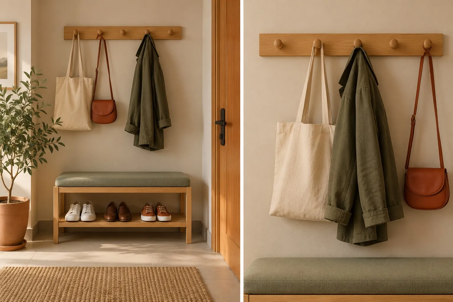 Duas vistas de um hall de entrada: cabideiro de parede de madeira com bolsa de pano, bolsa de couro e casaco verde, acima de um banco com assento verde e sapatos na prateleira, ao lado da porta; à direita, o cabideiro de perto.