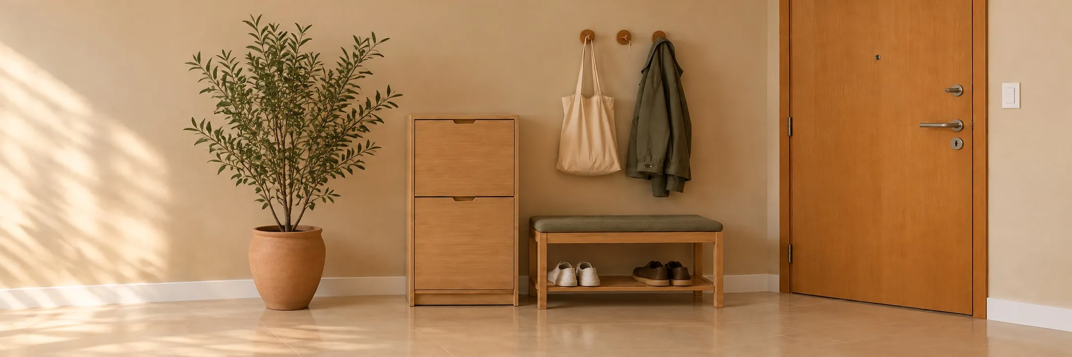 Hall de entrada com planta em vaso de barro, sapateira de madeira com duas portas basculantes, banco com assento verde e sapatos embaixo, ganchos com uma sacola e uma jaqueta e a porta de madeira à direita.